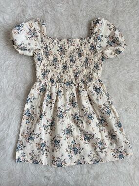 Little Planet Girls Cottagecore Cream Pastel Floral Smocked Puff-Sleeve Dress